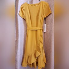 Size 4 Yellow Knee-length Dress With Ruffle Hem, Yellow Dress With Ruffle Hem, Yellow Fitted Dress With Ruffle Hem, Fitted Yellow Dress With Ruffle Hem, Chic Yellow Midi Dress With Ruffle Hem, Elegant Yellow Mini Dress With Ruffle Hem, Yellow Ruffle Dress With Ruffle Hem For Spring, Yellow Dress With Ruffle Hem For Brunch, Yellow Party Dress With Ruffle Hem