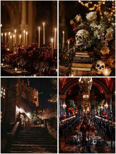 a series of photographs with candles and skulls