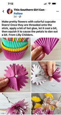 the instructions to make paper flowers with colored crepe paper are shown in several different ways