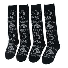 Ouija Board Socks The coolest spooky socks to entertain yourself and your friends! Featuring the classic Ouija design with Sun and Moons, "Yes & No" and Planchette symbols. One Size: fits female USA shoe size 5-10. Material: Acrylic/Cotton. Haute Mess, Usa Shoes, Ouija Board, Socks, Sun, Design