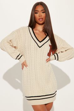 Available In Cream And Navy. Sweater Mini Dress Long Sleeve V-Neck Patch Detail Slight Oversize Stretch 100% Acrylic Imported | Varsity Blues Sweater Mini Dress in Cream size XL by Fashion Nova Shein Ideas, Varsity Blues, Cream Fashion, Sweater Mini Dress, Mini Dress Long Sleeve, Cream Colored Sweater, Varsity Sweater, Ribbed Mini Dress, Navy Sweater