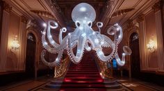 an octopus sculpture is lit up on the stairs in front of a staircase with red carpet