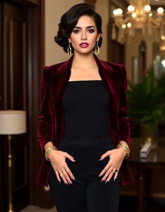 Rich textures meet classic style with this velvet burgundy blazer layered over a fitted black top and paired with high-waisted black trousers. Heeled black boots add a sleek edge, while gold chain earrings and a matching cuff bracelet bring a hint of luxury. Style your hair in a voluminous blowout for that extra glam. Keep your makeup polished with a cat-eye liner, warm blush, and deep berry lips. Nails in matte black complete the look. Perfect for a winter evening out or a classy dinner date. Burgundy Heels Outfit, Blazer With Black Pants, Voluminous Blowout, Heeled Black Boots, High Waisted Black Trousers, Classy Dinner, Lips Nails, Burgundy Blazer