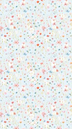 a blue and pink flowered background with small white flowers on the bottom right corner