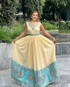 Stunning Blue And Cream Habesha Kemis Holiday Wedding Dress, Habesha Wedding, Embroidery Traditional, Habesha Dress, Ethiopian Dress, Habesha Kemis, Weave Fabric, Intricate Embroidery, Holiday Dress