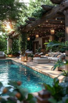 Backyard Landscape With Pool, Amazing Pools Backyard Luxury, Beautiful Backyards With Pools, Vertical Pool, Pool Interior Design, Outdoor Area Ideas, Luxury Backyards, Outdoor Living Space Ideas, House With Swimming Pool