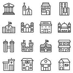 black and white buildings icon set