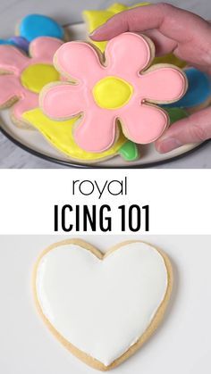 the royal icing 101 recipe is shown in front of a heart shaped sugar cookie