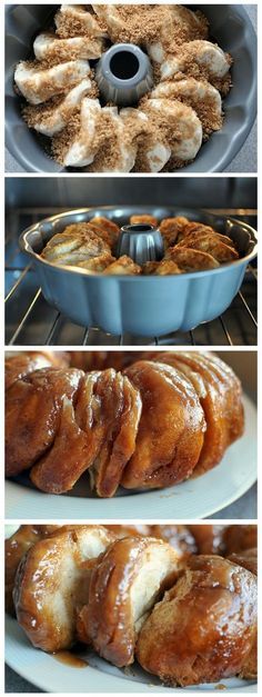 four different pictures of baked goods in pans and on plates, with the same one being cooked