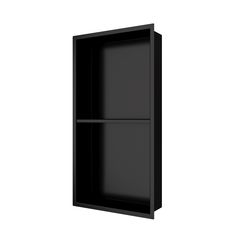 a black shelf with two shelves on each side and one door open to the other