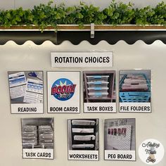 a bulletin board with various storage boxes and labels on the wall above it that says rotary choices