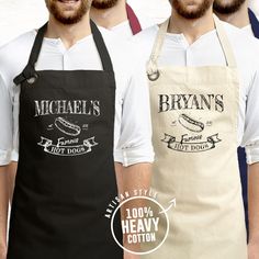 three men wearing aprons with different logos on the front and back of their aprons