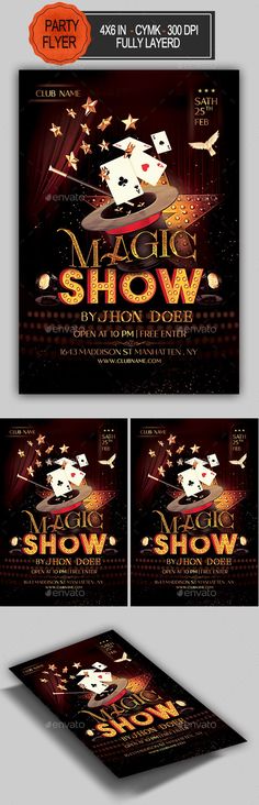 the magic show flyer template is shown in this image, it has an orange and black background