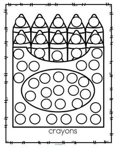 the crayons coloring page is shown in black and white, with dots on it