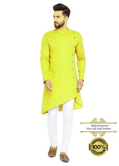 Indian Mens Stylish Party Wear Bollywood Designer Handmade Solid Yellow Kurta Long Shirt Men, Mens Ethnic Wear, Mens Party Wear, Traditional Kurta, India Textiles, Boys Kurta Design, Men's Kurta, Short Kurta, Indian Men Fashion