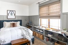 a bed sitting in a bedroom next to a window with blinds on the windowsill