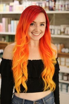 Red And Yellow Hair Color, Fire Red Hair Color, Red Orange Yellow Hair, Red And Yellow Hair, Orange Yellow Hair, Fire Ombre Hair, Bright Orange Hair