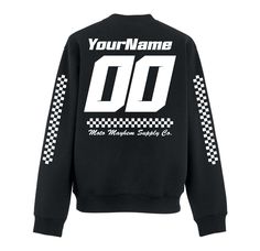 "Moto Mayhem adult 'Custom Name/Number Race Jersey' with chequered flag print to sleeves. Black heavyweight sweatshirt with white print. This crew neck sweatshirt fits like a well-loved favourite! Features heavyweight 280 gsm combed ringspun cotton. Unisex Adult Sweatshirt Sizing: * S - Chest (to fit) 36/38\" * M - Chest (to fit) 38/40\" * L - Chest (to fit) 40/42\" * XL - Chest (to fit) 42/44\" * 2XL - Chest (to fit) 44/46\" * 3XL - Chest (to fit) 46/48\" * 80% combed ringspun cotton / 20% polyester. * Drop shoulder style. * Deep cuffs and hem. * Taped neck. * Self-fabric collar cuffs and hem. * Slimmer shoulders and arms. **MOTO MAYHEM** Fancy this design on a kids sweatshirt? Check out the full Moto Mayhem range here - https://etsy.me/3qiOseu We design and hand-print everything ourselve Racing Tshirt Designs, Long Sleeve Outfit Women, Chequered Flag, Motocross Shirts, Racing Hoodie, Race Outfit, Sweatshirt Fits, Hoodie Aesthetic, Patches Shirt