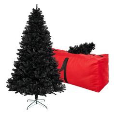 a black christmas tree next to a red bag