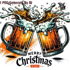 two mugs of beer with foamy bubbles and the words merry christmas on it