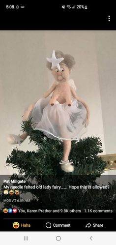 a stuffed animal sitting on top of a fake christmas tree with the caption that reads, pet milligant my memeed old lady fairy hoppy hope this is allowed?