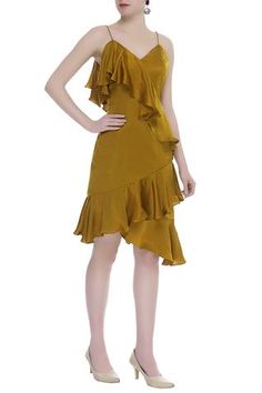 Shop for Deme by Gabriella Gold Asymmetric Ruffle Dress for Women Online at Aza Fashions Asymmetric Ruffle Dress, Noodle Strap, Ruffles Dress, Buy Gold, Gold Dress, Western Outfits, Dress For Women, Aza Fashion, Ruffle Dress