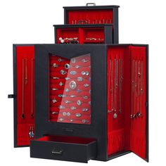 PRICES MAY VARY. Special Color Combinations: The jewelry organizer is made of black PU-leather, with a warm red lining and a metal handle. It looks stylish and eye-catching without losing a sense of luxury. While better protecting your jewelry, it is a piece of home decoration and art Combination of Vertical and Horizontal Drawers: The jewelry box has three vertical drawers with ring holders, 8 removable earring clips, 6 hooks for rings, earrings, necklaces, bracelets. The horizontal drawer at t