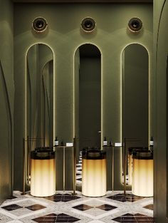 an image of a bathroom setting with lights on the wall and mirrors in the middle