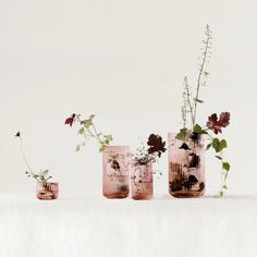 three vases with flowers in them sitting on a tableclothed surface, one is pink and the other has green leaves