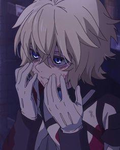 an anime character with blonde hair and blue eyes holding his hands up to his face