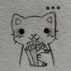 a drawing of a cat holding a bouquet of flowers