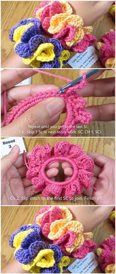 crocheted flowers are being made with yarn