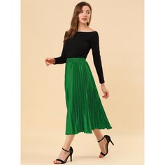 Accordion pleats enhance the dimension and movement of this midi skirt, while the metallic design underscores its sleek style. It's pleated all around for this trending midi skirt. Feel free to pair it with black block-heel sandals. Whether you're dressing up or down, this skirt is perfect for any occasion. A casual and simple style, never out of fashion, is a must-have item in your wardrobe. This fashionable and trendy clothes for women can not only be worn daily, but can also be easily matched Green Midi Pleated Skirt For Party, Party Midi Skirt With Folds, Midi Skirt With Folds For Party, Spring Party Skirt With Folds, Flared Pleated Skirt With Accordion Pleats For Party, Long Party Skirt With Folds, Flared Accordion Pleated Skirt For Party, Long Skirt With Folds For Party, Party Long Skirt With Accordion Pleats