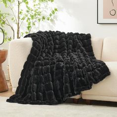 a white couch with a black blanket on it