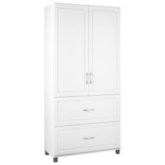 a white armoire with two drawers and one door on the bottom shelf, against a white background