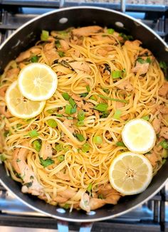 a pan filled with lemon chicken and noodles