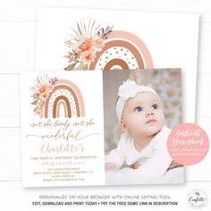 "Isn't she Onederful! Delight your guests with this beautiful \"Onederful\" first birthday invitation! See Matching Items ♥ https://www.etsy.com/shop/MyConfettiPrintables?search_query=mcp88 This is a self editable birthday invitation template you can personalize with your words. The words \"Isn't she lovely, isn't she onederful\" is NOT editable. All other text is editable. TRY FREE DEMO - Try Before You Buy Copy and Paste Link Below To Your Web Browser https://www.corjl.com/d/4JJJD  PLEASE NOTE  This item is a DIGITAL FILE, no physical item will be shipped. SIMPLE AND EASY TO USE 1. After purchasing, an email will be sent to you with a link to log onto Corjl's online editor. 2. You can edit the files with the online editor on a phone, tablet or computer. Please SAVE your edits. 3. Downloa Isn’t She Lovely Isn’t She Onederful Birthday, Isnt She Onederful Birthday Invitation, Isnt She Onederful Birthday Theme, Isn’t She Wonderful Birthday, Isn’t She Lovely Isn’t She Onderful Birthday, Boho Invitations Birthday, Isn’t She Wonderful 1st Birthday, Boho Theme Invitation 1st Birthday, Isn’t She Lovely Isn’t She Onederful Invitations