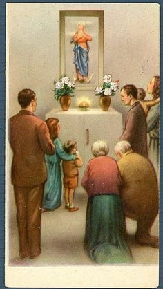 an old postcard shows people praying in front of a statue with flowers on it