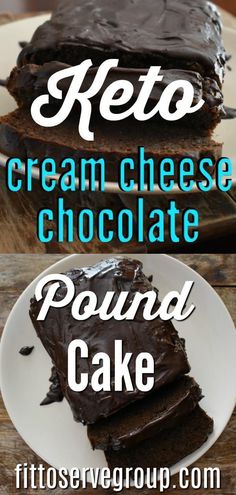 chocolate cake on a plate with the words keto cream cheese chocolate pound cake