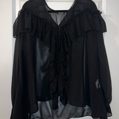 Unworn Black Sheer Ruffle Blouse From Nasty Gal Black Top With Ruffled Collar For Evening, Black Tops With Ruffled Collar For Evening, Black Evening Top With Ruffled Collar, Black Blouse With Ruffled Collar For Night Out, Ruffle Top, Ruffle Blouse, Size 12, Womens Tops, Women Shopping