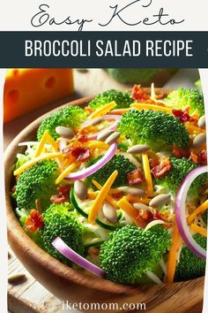 broccoli salad in a wooden bowl with cheese and red onions on the side