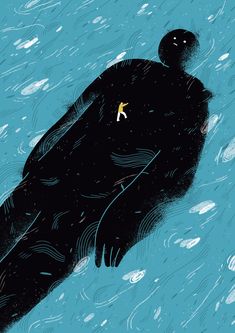 an illustration of a person floating in the water on top of a large black object