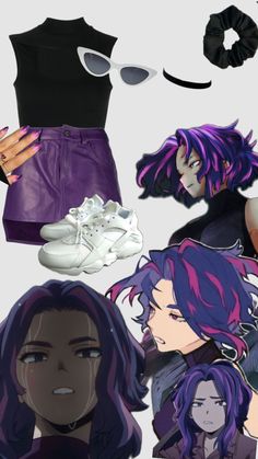 #nagant #ladynagant #mha #myheroacademia #purple #black #purpleandblack #sunglasses #nails #choker #scrunchie #blacktanktop #tanktop #purpleskirt #skirt #whiteshoes #tennisshoes Purple Crew Neck Top With Anime Print, Black And Lavendar Wallpaper, Overlord Lupusregina, Purple Skirt, White Shoes, Black Tank Tops, Tennis Shoes, Purple And Black, Scrunchies