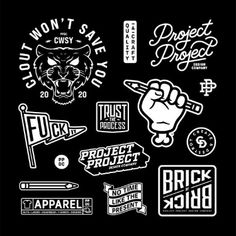 various stickers and logos on a black background