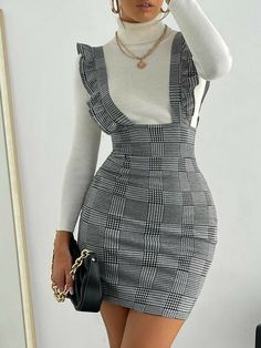 Elegant Plaid Dresses With Ruffles, Fitted Sleeveless Pinafore Dress With Ruffles, Plaid Dresses With Ruffled Straps, Sleeveless Plaid Dress With Ruffle Hem, Plaid Sleeveless Dress With Ruffle Hem, Fitted Sleeveless Pinafore Dress For Fall, Casual Sleeveless Pinafore Dress With Ruffles, Makeup Tip, Stylish Work Attire