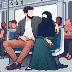 two people sitting on a train next to each other, one wearing a hijab