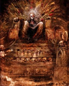 a painting of a skeleton sitting on top of a table surrounded by skulls and bones