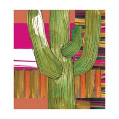 a painting of a cactus in front of bookshelves with pink and orange background