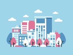 a city with trees and buildings in the background, flat design illustration stock illustur