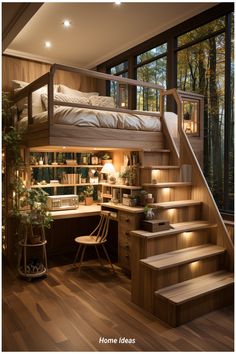 there is a loft bed in the middle of this room with stairs leading up to it